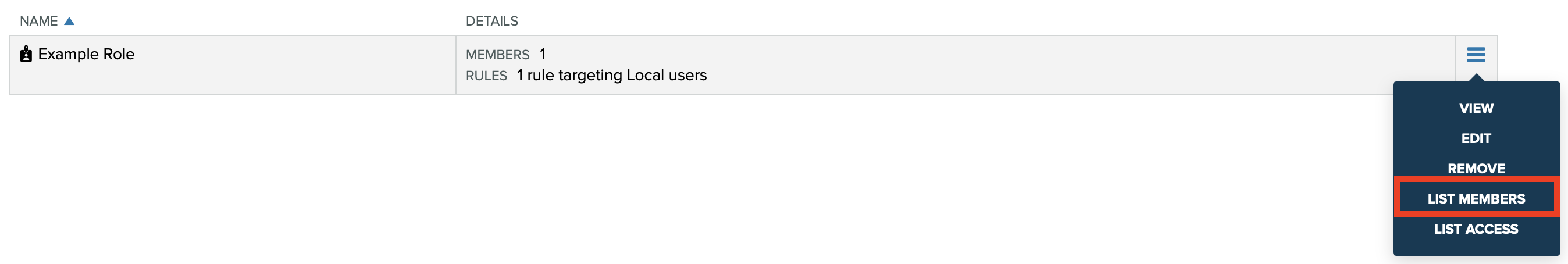 Dropdown menu next to the role. The List Members choice is highlighted in the dropdown menu
