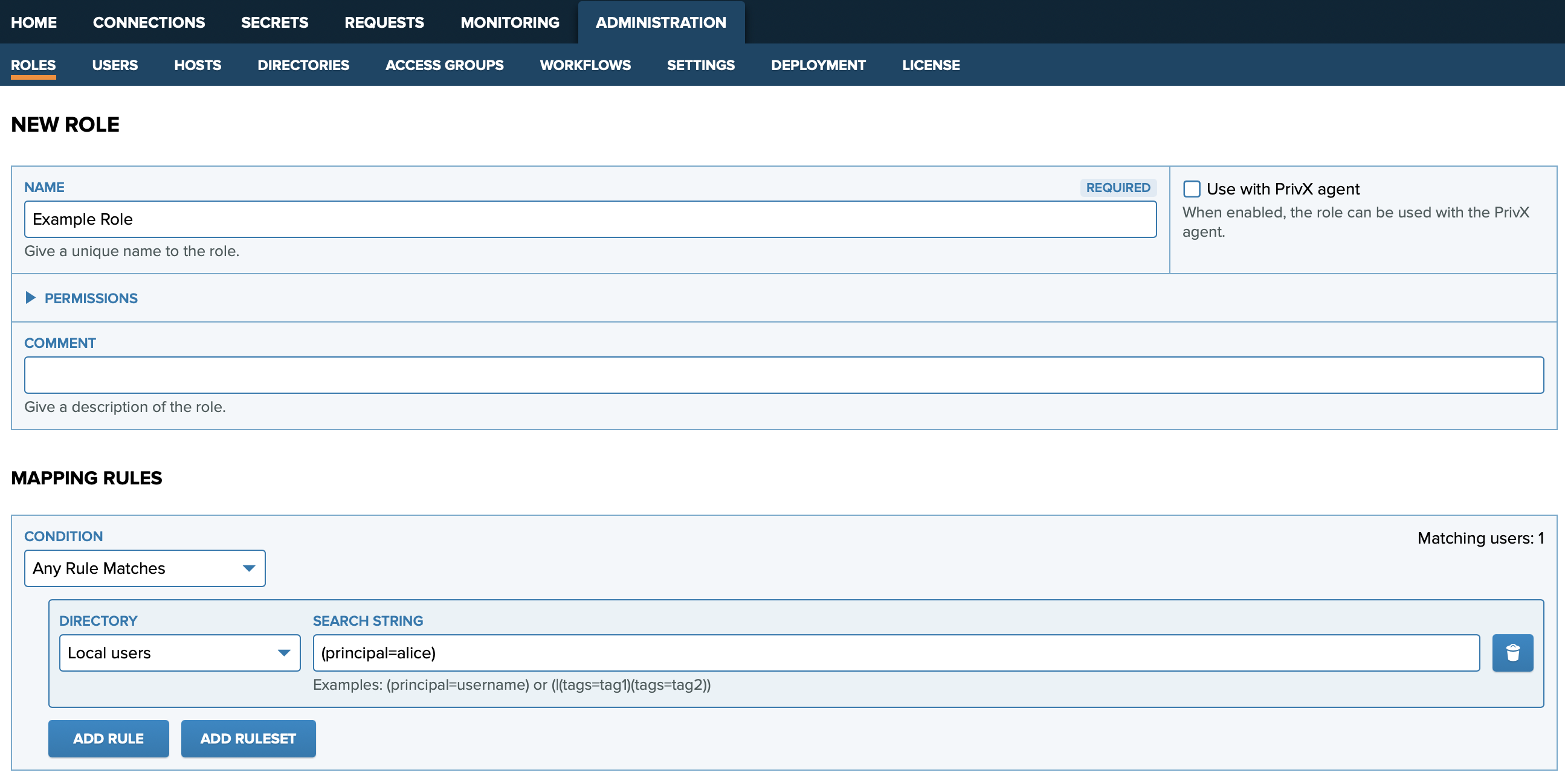 Add Role view with one rule where directory is set to Local users and Search string is set to (principal=alice)