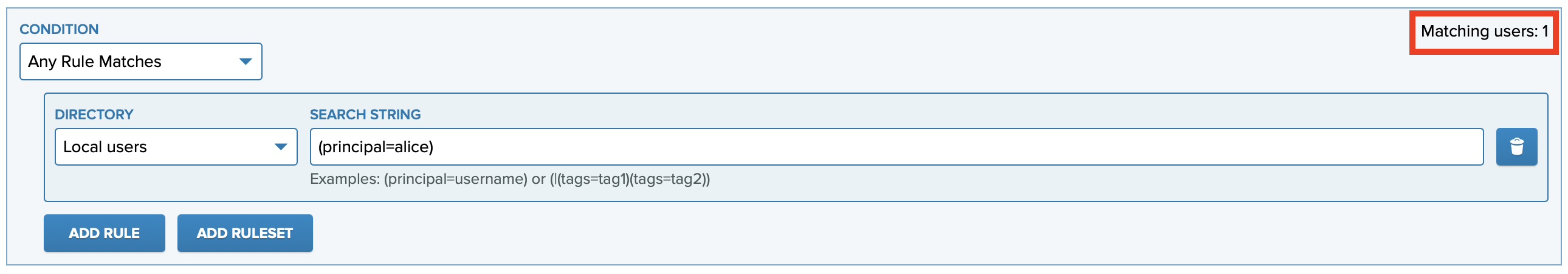 Add Role view with Matching users showing one match