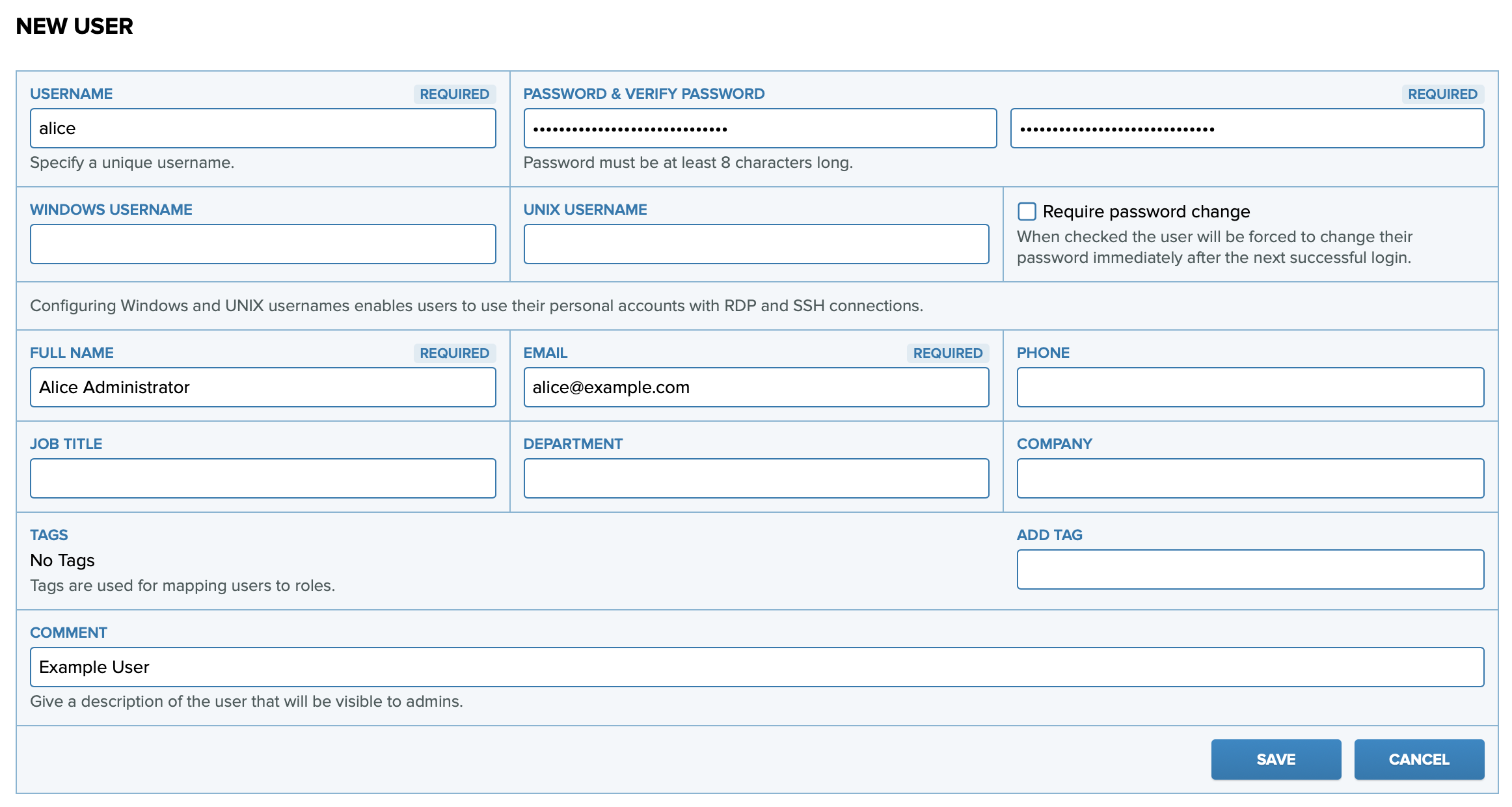 New User page with basic user fields filled in, including: username, password &amp; verify password, full name, and email