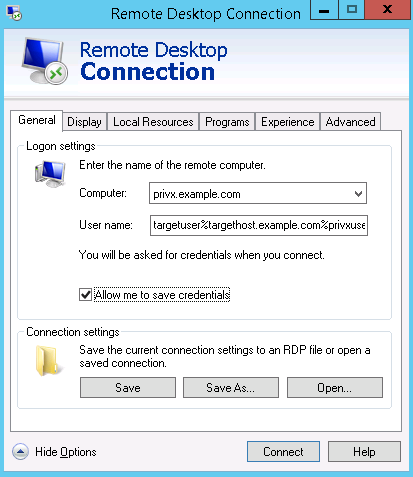 Direct-connection example with Windows Remote Desktop Client