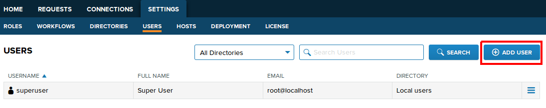 Administration→Users page with Add User button highlighted