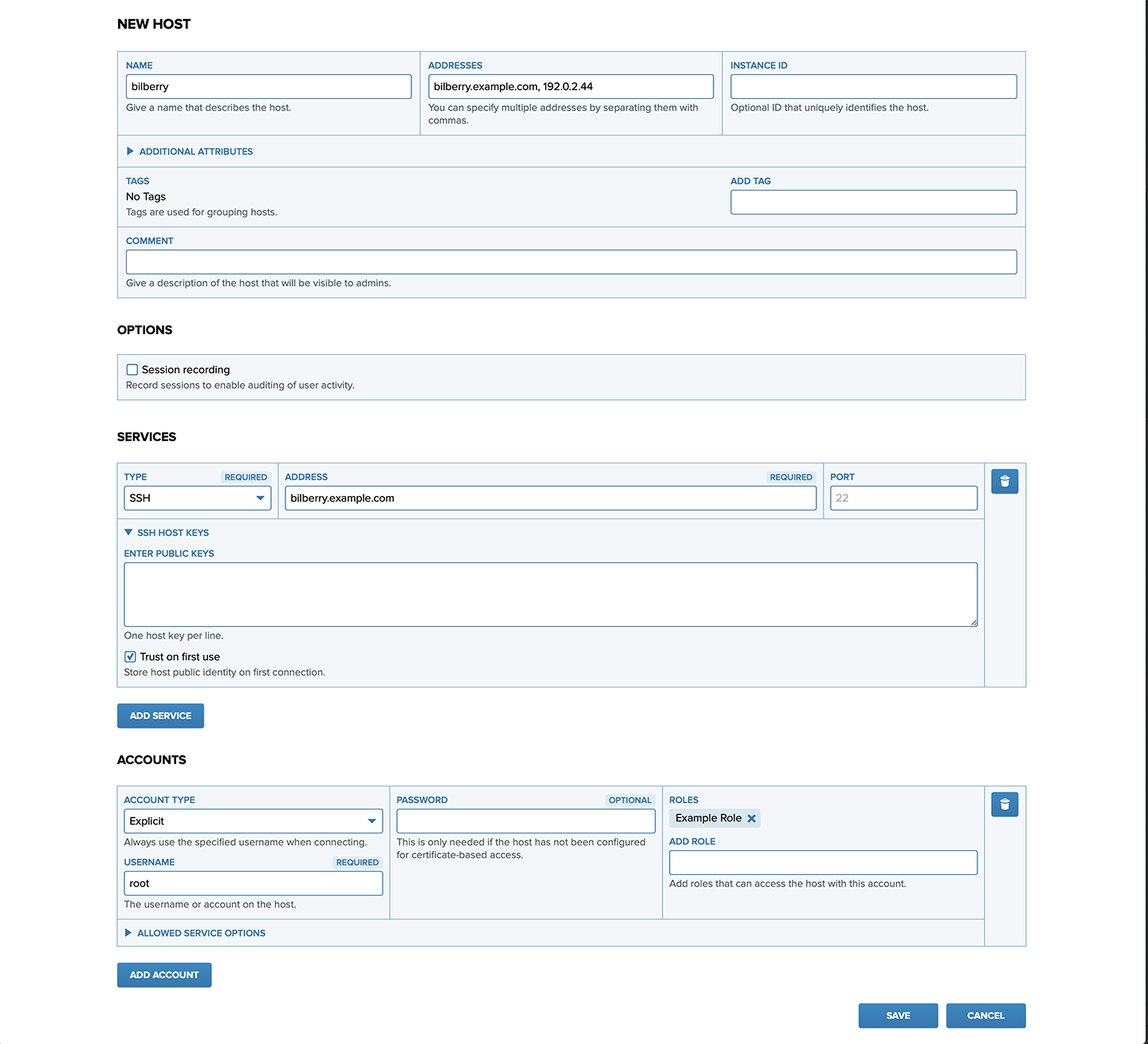 Add hosts view with basic host information filled in, including host name, comma-separated addresses. Also defines one SSH service with Trust on first use enabled. Finally, including one Explicit account mapping Example Role to root