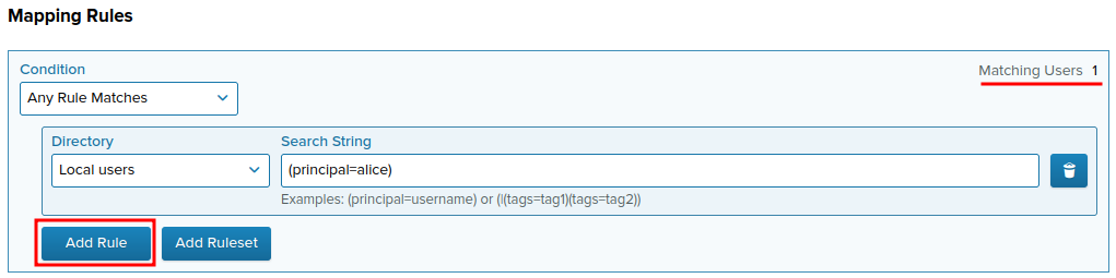 Add Role view with Matching users showing one match
