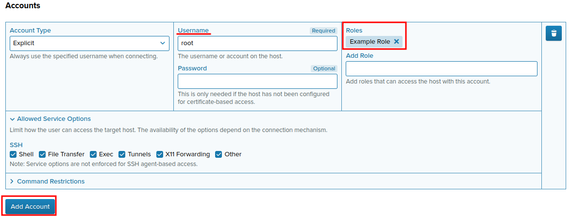 Settings accounts on target host